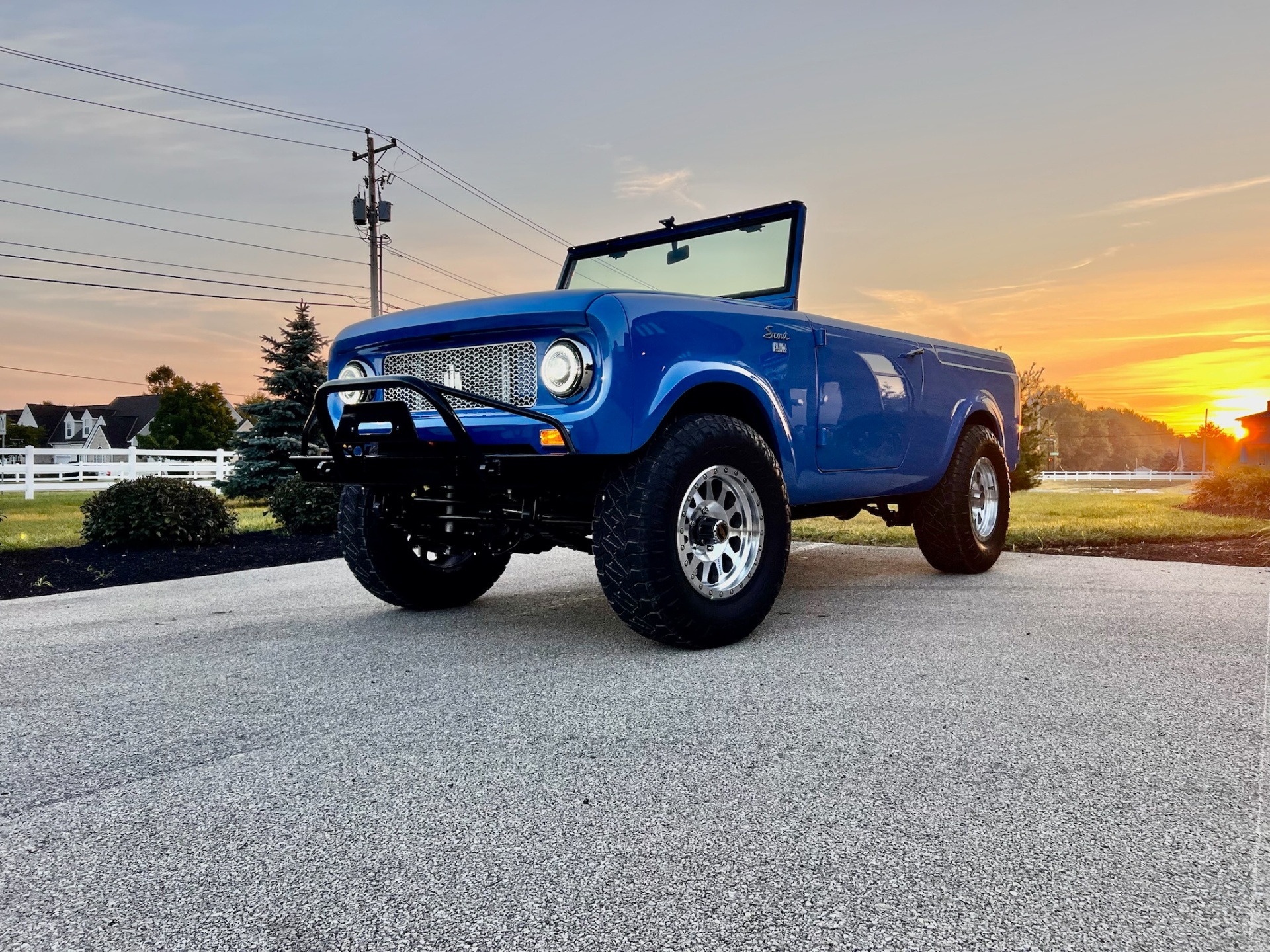 Blue International Scout front view